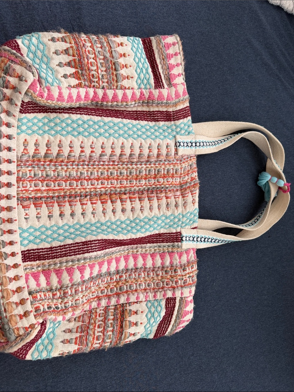 Boho Embroidered Tote Bag in Cream, Pink & Turquoise